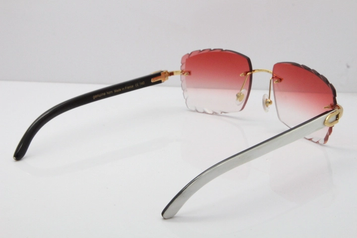 Cartier Rimless 8300816 Original White inside Black Buffalo Horn Sunglasses In Gold Red Carved Lens