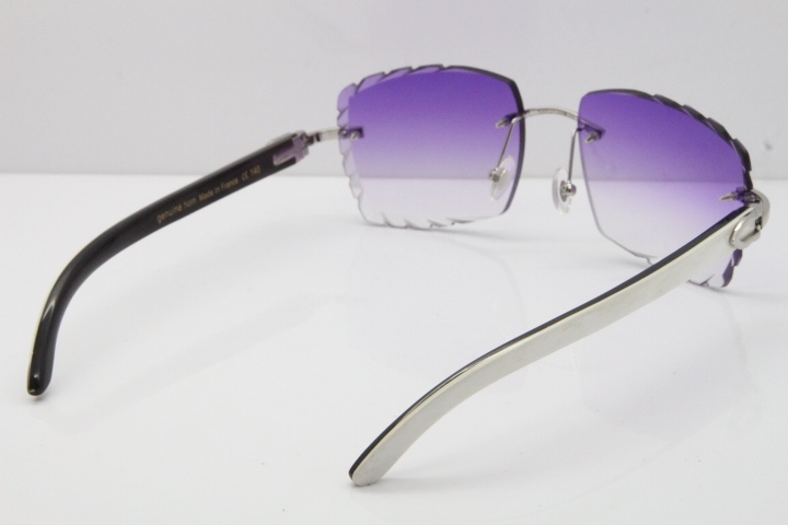 Cartier Rimless 8300816 Original White inside Black Buffalo Horn Sunglasses In Silver Purple Carved Lens