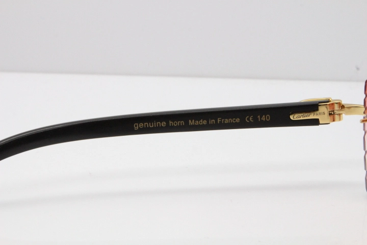 Cartier Rimless 8300816 Original White inside Black Buffalo Horn Sunglasses In Gold Red Carved Lens