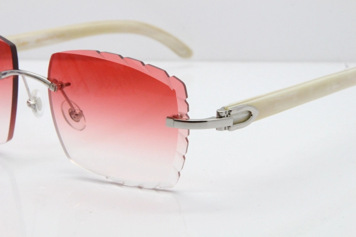 Cartier Rimless 8300816 Original White Genuine Natural Sunglasses In Gold Red Carved Lens