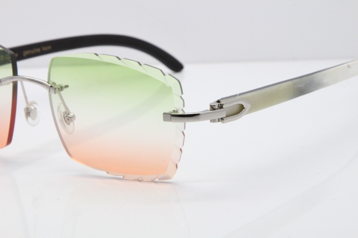 Cartier Rimless 8300816 Original White inside Black Buffalo Horn Sunglasses In Gold Green Mix Brown Carved Lens