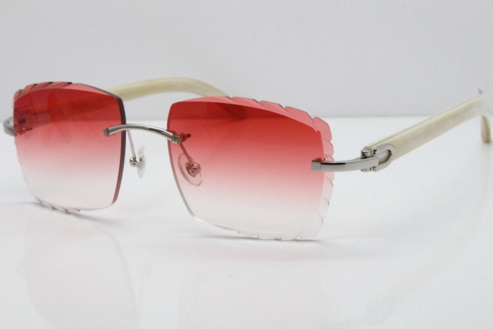 Cartier Rimless 8300816 Original White Genuine Natural Sunglasses In Gold Red Carved Lens