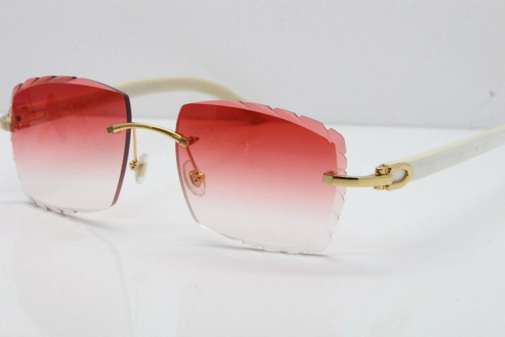 Cartier Rimless 8300816 Original White Genuine Natural Sunglasses In Gold Red Carved Lens