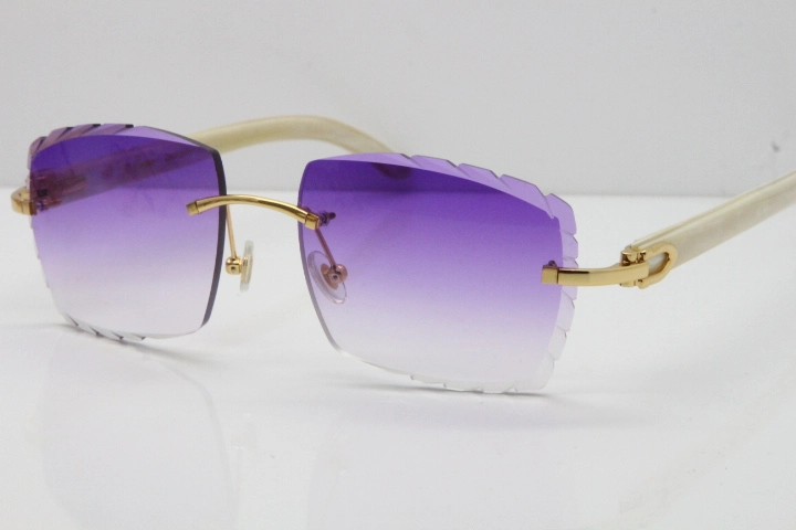 Cartier Rimless 8300816 Original White Genuine Natural Sunglasses In Gold Purple Carved Lens