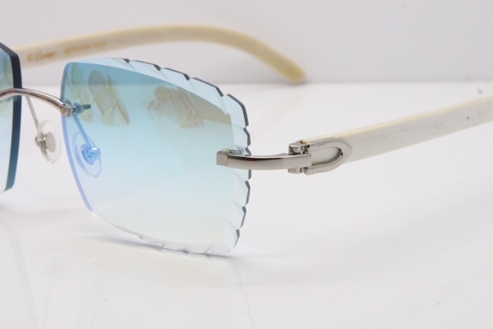 Cartier Rimless 8300816 Original White Genuine Natural Sunglasses In Gold Ice Blue Carved Lens