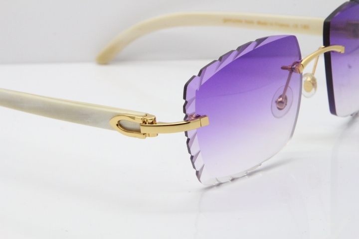 Cartier Rimless 8300816 Original White Genuine Natural Sunglasses In Gold Purple Carved Lens