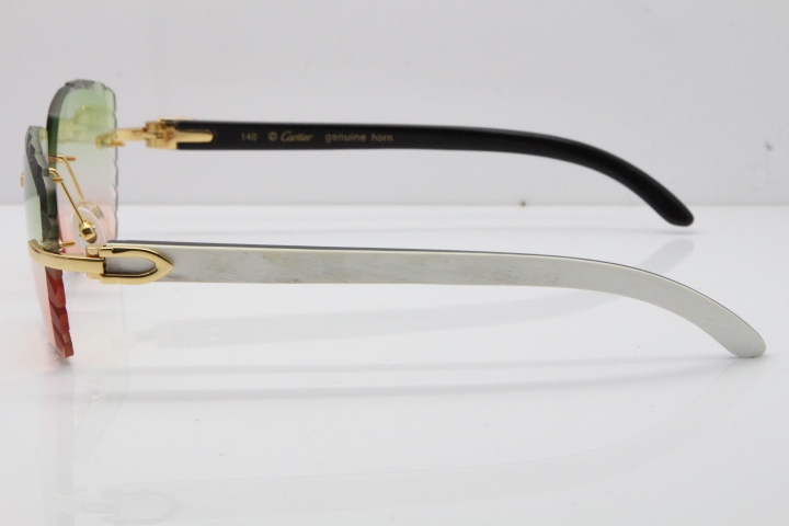 Cartier Rimless 8300816 Original White inside Black Buffalo Horn Sunglasses In Gold Green Mix Brown Carved Lens