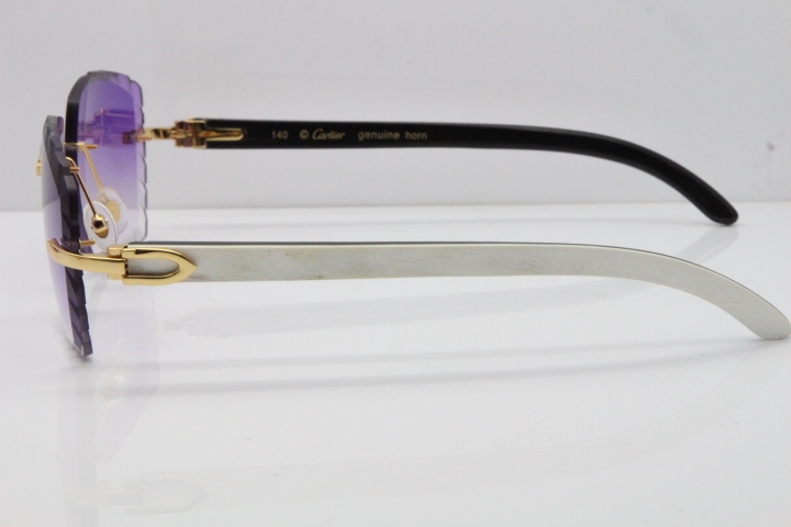 Cartier Rimless 8300816 Original White inside Black Buffalo Horn Sunglasses In Silver Purple Carved Lens