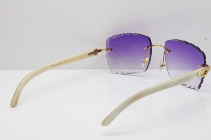 Cartier Rimless 8300816 Original White Genuine Natural Sunglasses In Gold Purple Carved Lens