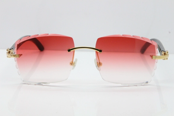 Cartier Rimless 8300816 Original White inside Black Buffalo Horn Sunglasses In Gold Red Carved Lens