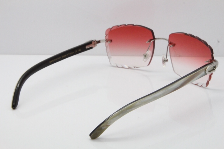 Cartier Rimless 8300816 Original White inside Black Buffalo Horn Sunglasses In Gold Red Carved Lens