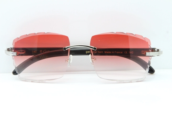 Cartier Rimless 8300816 Original White inside Black Buffalo Horn Sunglasses In Gold Red Carved Lens