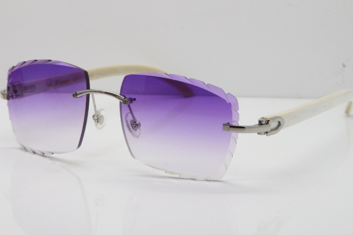 Cartier Rimless 8300816 Original White Genuine Natural Sunglasses In Gold Purple Carved Lens