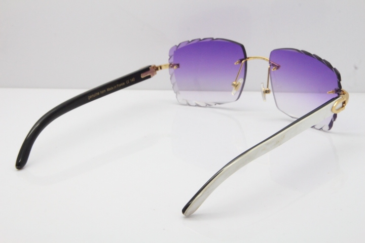 Cartier Rimless 8300816 Original White inside Black Buffalo Horn Sunglasses In Silver Purple Carved Lens