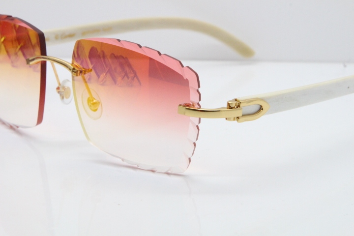 Cartier Rimless 8300816 Original White Genuine Natural Sunglasses In Gold Mirror Red Carved Lens