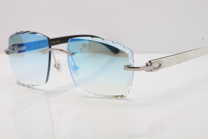 Cartier Rimless 8300816 Original White inside Black Buffalo Horn Sunglasses In Gold Ice Blue Carved Lens