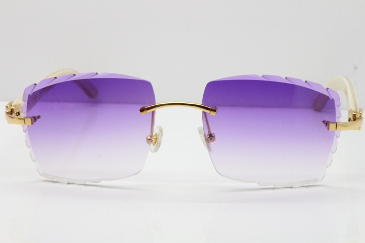 Cartier Rimless 8300816 Original White Genuine Natural Sunglasses In Gold Purple Carved Lens