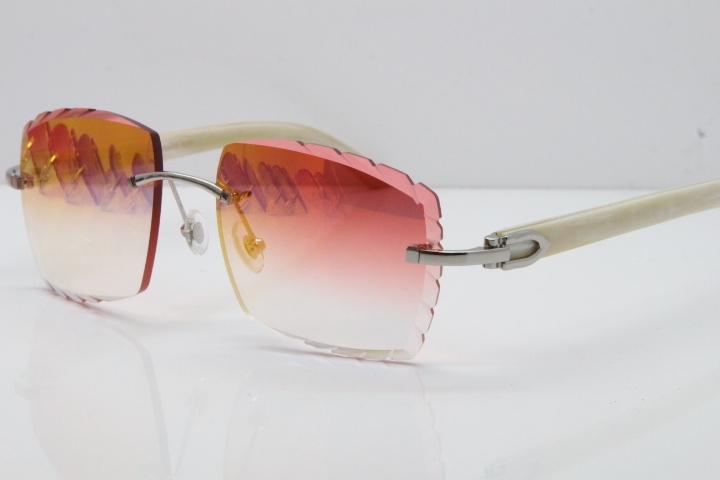 Cartier Rimless 8300816 Original White Genuine Natural Sunglasses In Gold Mirror Red Carved Lens