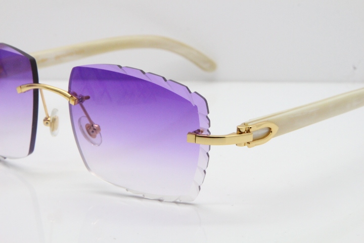 Cartier Rimless 8300816 Original White Genuine Natural Sunglasses In Gold Purple Carved Lens