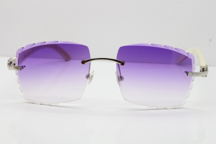 Cartier Rimless 8300816 Original White Genuine Natural Sunglasses In Gold Purple Carved Lens