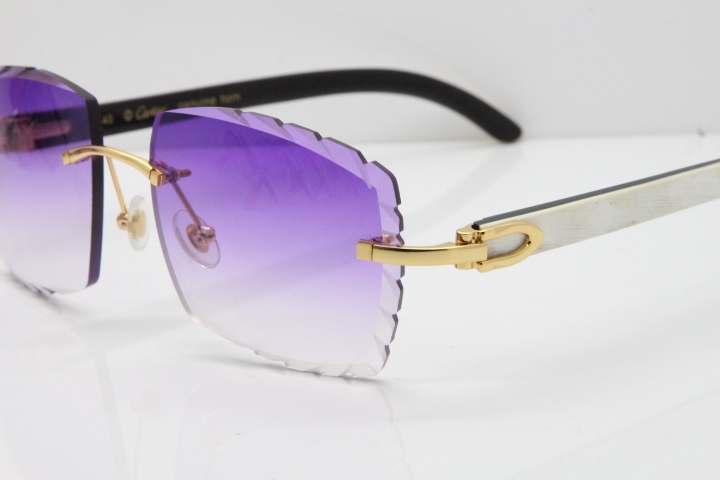 Cartier Rimless 8300816 Original White inside Black Buffalo Horn Sunglasses In Silver Purple Carved Lens