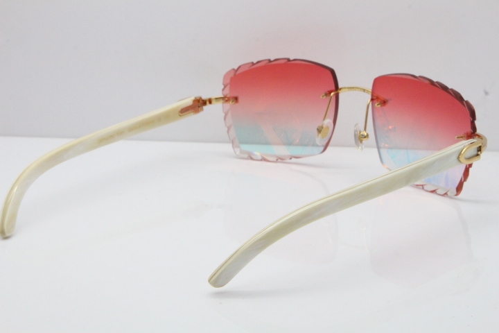 Cartier Rimless 8300816 Original White Genuine Natural Sunglasses In Gold Mirror Red Carved Lens