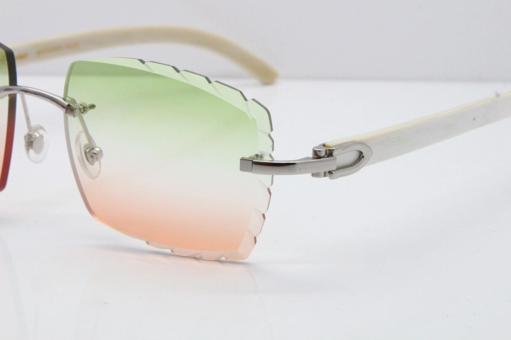 Cartier Rimless 8300816 Original White Genuine Natural Sunglasses In Gold Green Mix Brown Carved Lens