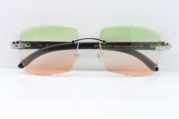 Cartier Rimless 8300816 Original White inside Black Buffalo Horn Sunglasses In Gold Green Mix Brown Carved Lens