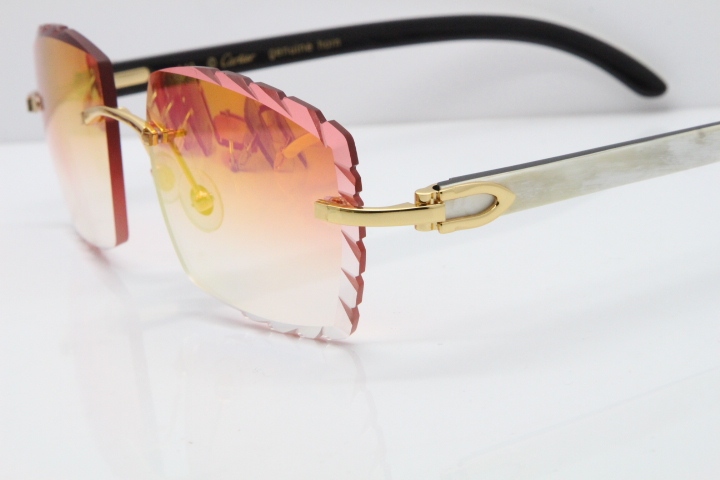 Cartier Rimless 8300816 Original White inside Black Buffalo Horn Sunglasses In Silver Mirror Red Carved Lens