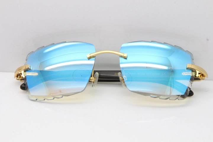 Cartier Rimless 8300816 Original White inside Black Buffalo Horn Sunglasses In Gold Ice Blue Carved Lens