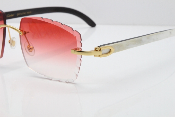 Cartier Rimless 8300816 Original White inside Black Buffalo Horn Sunglasses In Gold Red Carved Lens