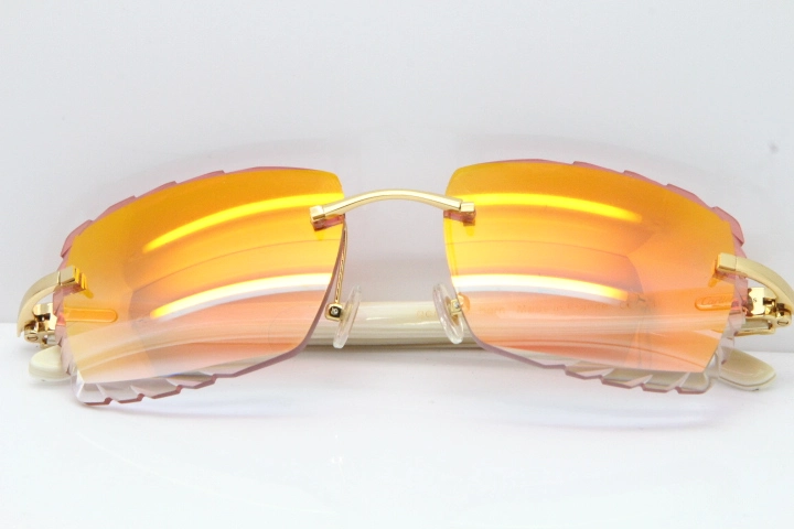 Cartier Rimless 8300816 Original White Genuine Natural Sunglasses In Gold Mirror Red Carved Lens