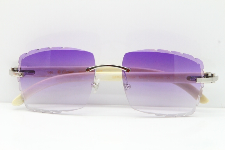 Cartier Rimless 8300816 Original White Genuine Natural Sunglasses In Gold Purple Carved Lens