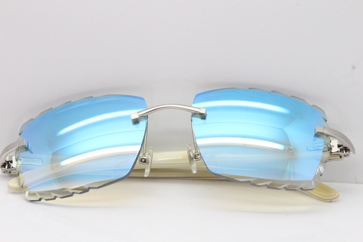 Cartier Rimless 8300816 Original White Genuine Natural Sunglasses In Gold Ice Blue Carved Lens