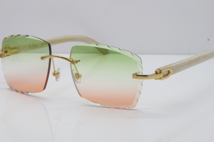 Cartier Rimless 8300816 Original White Genuine Natural Sunglasses In Gold Green Mix Brown Carved Lens