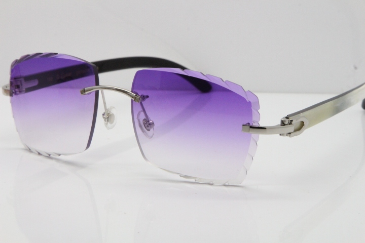 Cartier Rimless 8300816 Original White inside Black Buffalo Horn Sunglasses In Silver Purple Carved Lens