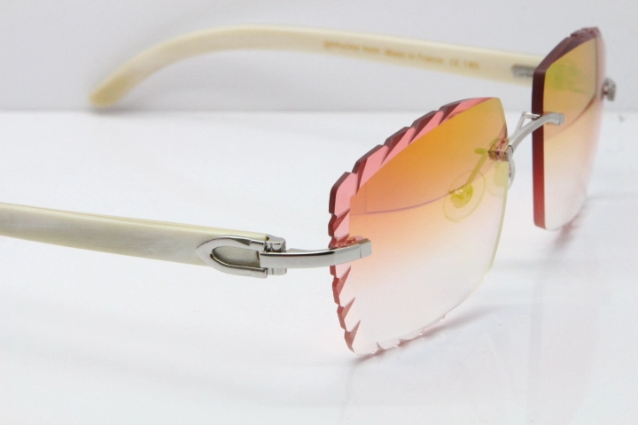 Cartier Rimless 8300816 Original White Genuine Natural Sunglasses In Gold Mirror Red Carved Lens