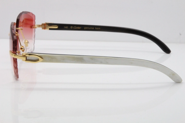 Cartier Rimless 8300816 Original White inside Black Buffalo Horn Sunglasses In Gold Red Carved Lens