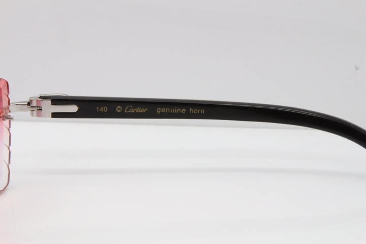 Cartier Rimless 8300816 Original White inside Black Buffalo Horn Sunglasses In Silver Mirror Red Carved Lens