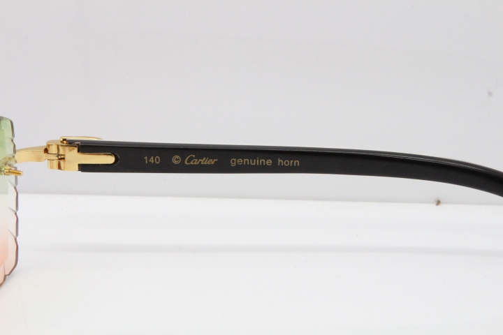 Cartier Rimless 8300816 Original White inside Black Buffalo Horn Sunglasses In Gold Green Mix Brown Carved Lens