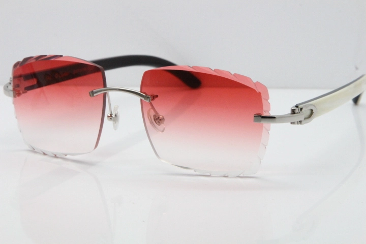 Cartier Rimless 8300816 Original White inside Black Buffalo Horn Sunglasses In Gold Red Carved Lens