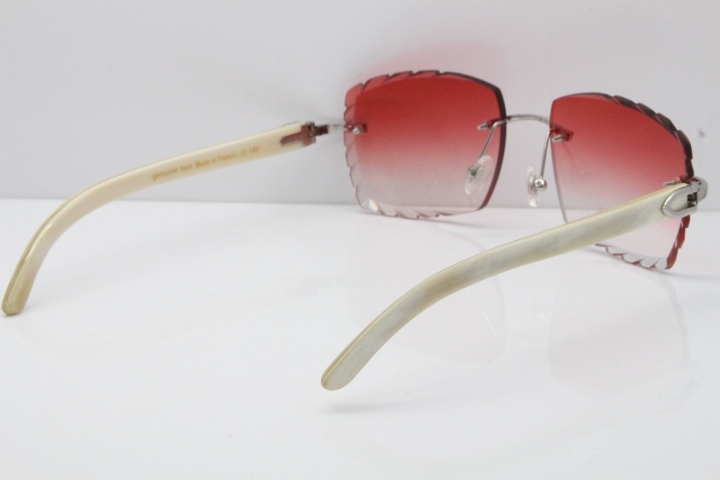 Cartier Rimless 8300816 Original White Genuine Natural Sunglasses In Gold Red Carved Lens