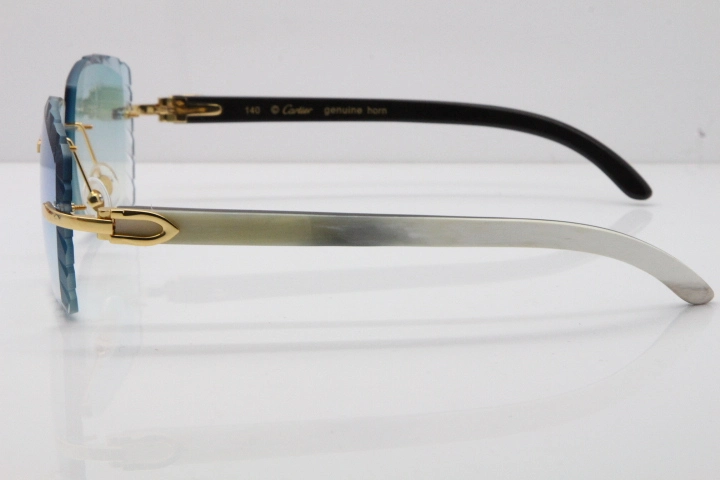 Cartier Rimless 8300816 Original White inside Black Buffalo Horn Sunglasses In Gold Ice Blue Carved Lens