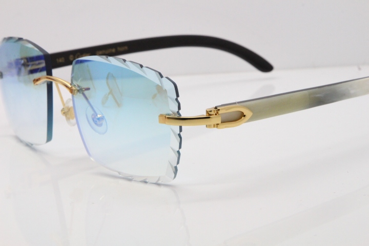 Cartier Rimless 8300816 Original White inside Black Buffalo Horn Sunglasses In Gold Ice Blue Carved Lens