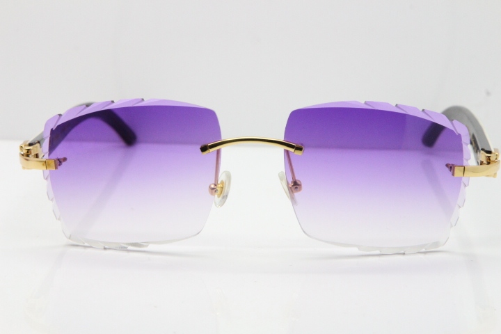 Cartier Rimless 8300816 Original White inside Black Buffalo Horn Sunglasses In Silver Purple Carved Lens