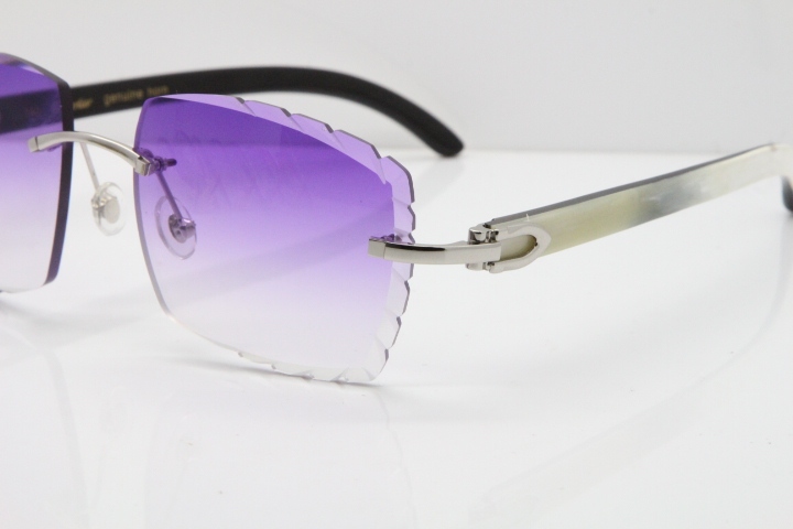 Cartier Rimless 8300816 Original White inside Black Buffalo Horn Sunglasses In Silver Purple Carved Lens