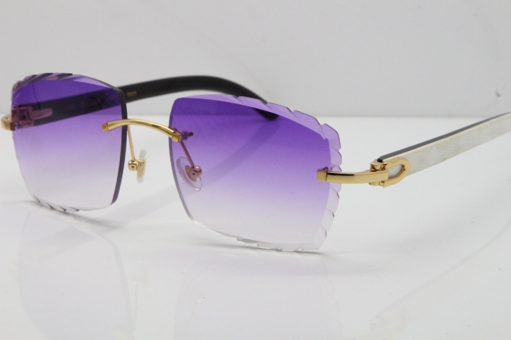 Cartier Rimless 8300816 Original White inside Black Buffalo Horn Sunglasses In Silver Purple Carved Lens