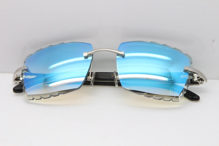 Cartier Rimless 8300816 Original White inside Black Buffalo Horn Sunglasses In Gold Ice Blue Carved Lens