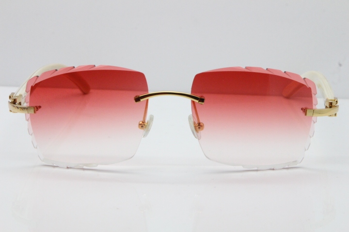 Cartier Rimless 8300816 Original White Genuine Natural Sunglasses In Gold Red Carved Lens