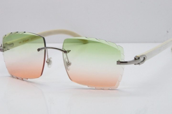 Cartier Rimless 8300816 Original White Genuine Natural Sunglasses In Gold Green Mix Brown Carved Lens